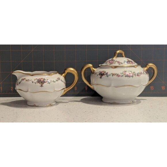 Haviland & Co Limoges Cream Sugar Bowl Gold Handles Bouquet Urn design - Picture 2 of 16